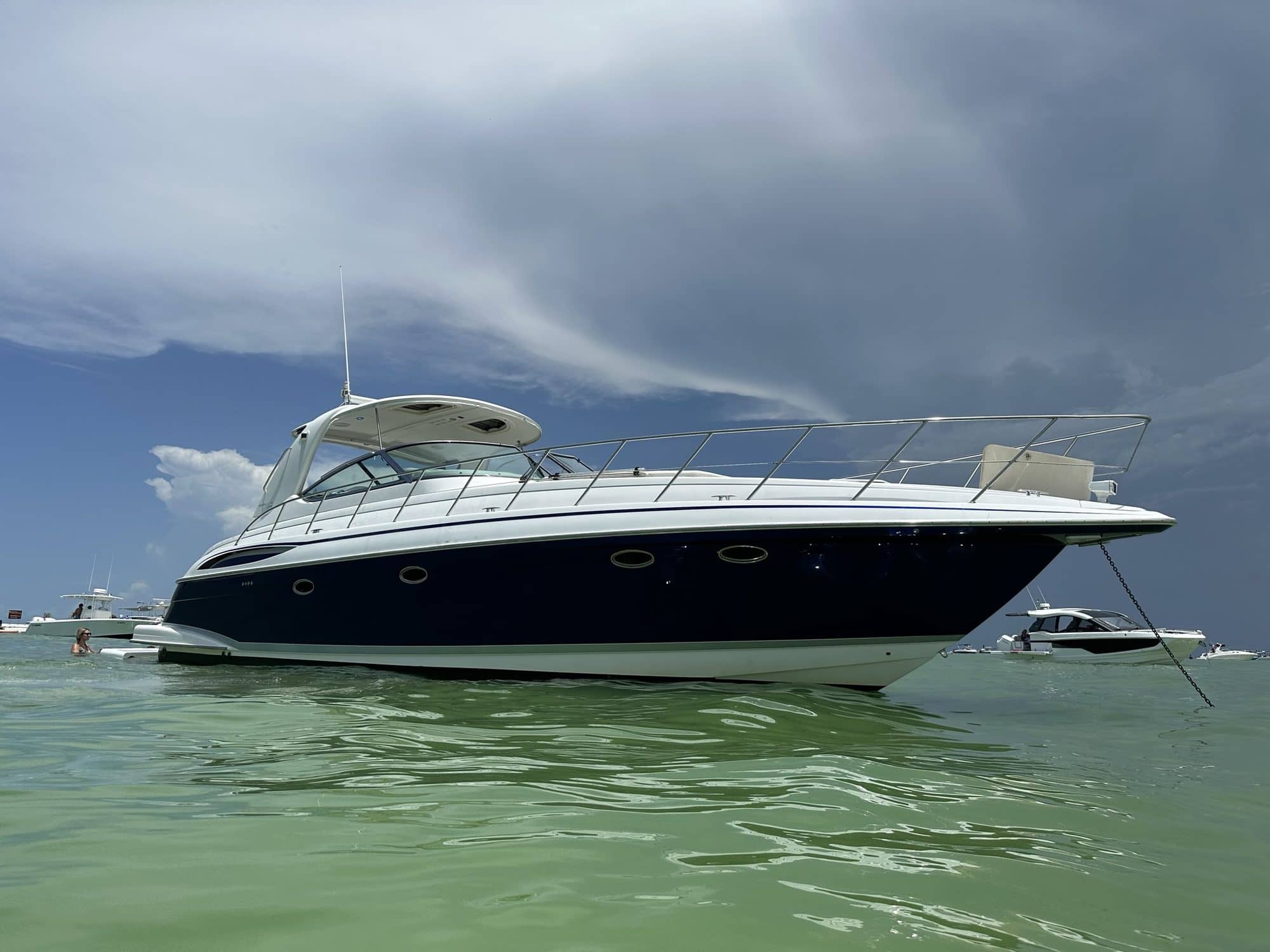 The Top Fun yacht anchored on a sandbar